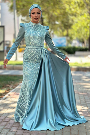 Robe de Diva en Satin Brodée sur Mesure avec Queue Portable - Menthe - 4