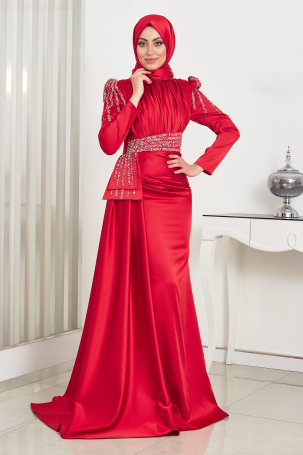 Robe de soirée Alina en satin avec drapé à l'avant, détails en pierres et traîne - Rouge - Rana Zenn