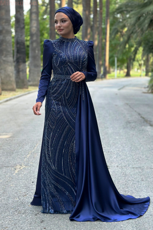 Robe de soirée Diva en satin avec broderie spéciale et traîne portable - Bleu marine 