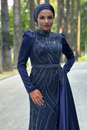 Robe de soirée Diva en satin avec broderie spéciale et traîne portable - Bleu marine - 3