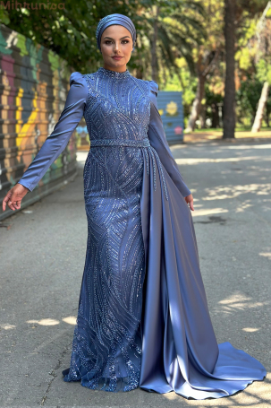 Robe de soirée Diva en satin brodé spécial avec traîne portable - Indigo 