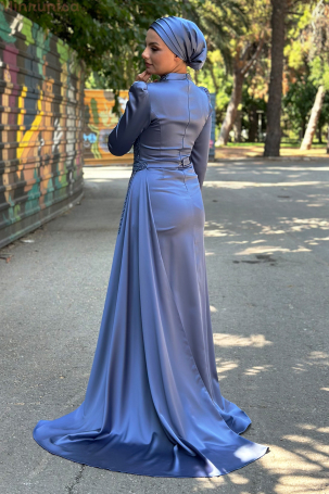 Robe de soirée Diva en satin brodé spécial avec traîne portable - Indigo - 2