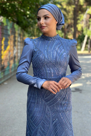 Robe de soirée Diva en satin brodé spécial avec traîne portable - Indigo - 3