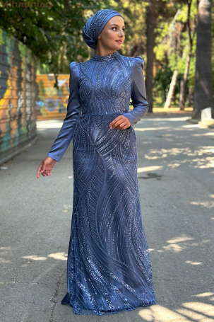 Robe de soirée Diva en satin brodé spécial avec traîne portable - Indigo - 4