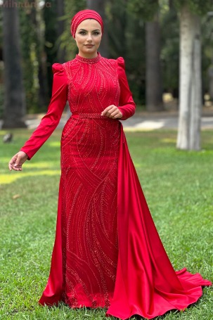 Robe de soirée Diva en satin brodé spécial avec traîne portable - Rouge - 1