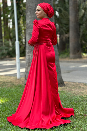 Robe de soirée Diva en satin brodé spécial avec traîne portable - Rouge - 2