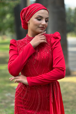 Robe de soirée Diva en satin brodé spécial avec traîne portable - Rouge - 3