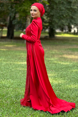 Robe de soirée Diva en satin brodé spécial avec traîne portable - Rouge - 4