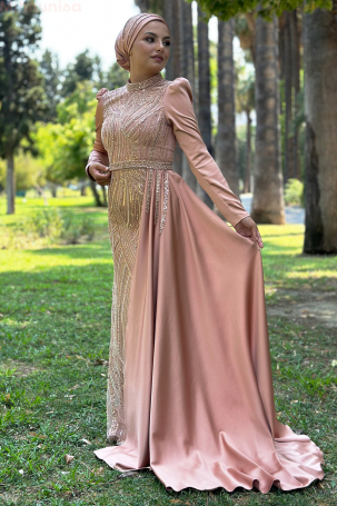 Robe de soirée Diva en satin brodée spéciale avec traîne portative - Rose 