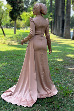 Robe de soirée Diva en satin brodée spéciale avec traîne portative - Rose - 2