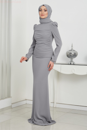 Robe de Soirée Eliza en Crêpe avec Détail Drapé à l'Avant et Manches Perlées - Gris - 2