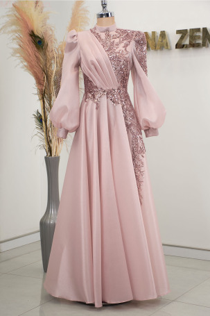 Robe de soirée en organza Valeria avec manches ballon brodées - Saumon - Rana Zenn