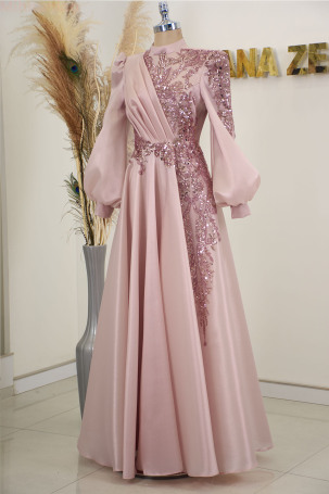 Robe de soirée en organza Valeria avec manches ballon brodées - Saumon - 4