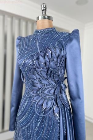 Robe de soirée en satin avec broderie florale spéciale - Indigo - 4