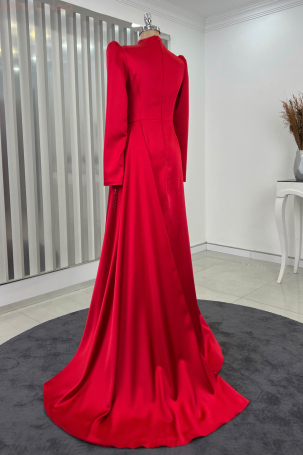 Robe de soirée en satin avec broderie florale spéciale - Rouge - 2