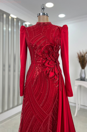 Robe de soirée en satin avec broderie florale spéciale - Rouge - 3