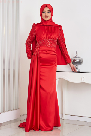 Robe de soirée en satin brodé avec ceinture et manches ornées de pierres - Rouge - 1