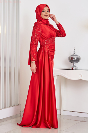 Robe de soirée en satin brodé avec ceinture et manches ornées de pierres - Rouge - 2