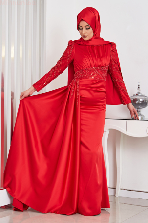 Robe de soirée en satin brodé avec ceinture et manches ornées de pierres - Rouge - 4