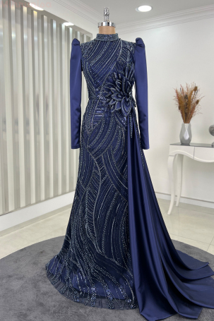 Robe de soirée en satin à feuilles brodées de fleurs spéciales - Bleu marine - Rana Zenn