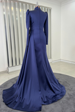 Robe de soirée en satin à feuilles brodées de fleurs spéciales - Bleu marine - 2