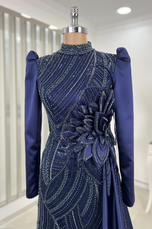 Robe de soirée en satin à feuilles brodées de fleurs spéciales - Bleu marine - 3