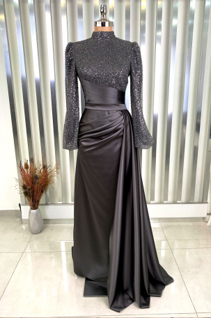 Robe de soirée en satin gris avec perles et sequins, traînante - Lavin - Rana Zenn