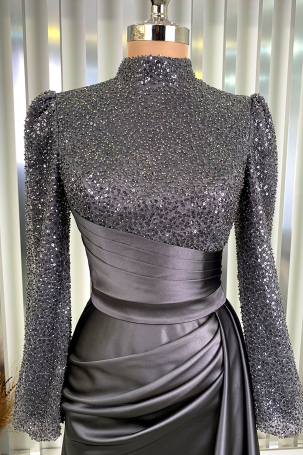 Robe de soirée en satin gris avec perles et sequins, traînante - Lavin - 3