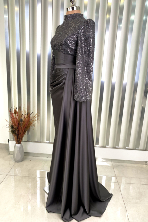 Robe de soirée en satin gris avec perles et sequins, traînante - Lavin - 4