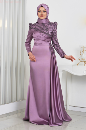 Robe de soirée en satin rose avec broderie en perles et strass et traîne - Lilas - 1