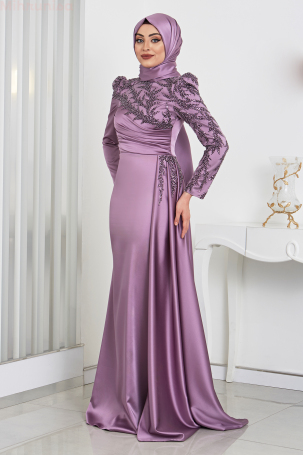 Robe de soirée en satin rose avec broderie en perles et strass et traîne - Lilas - 2