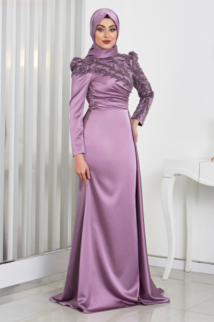 Robe de soirée en satin rose avec broderie en perles et strass et traîne - Lilas - 4