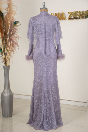 Robe de soirée Fiona avec des manches en tulle et pierres - Lilas - 2