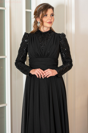 Robe de soirée grande taille Arya en chiffon avec des détails en sequins - Noir - 3