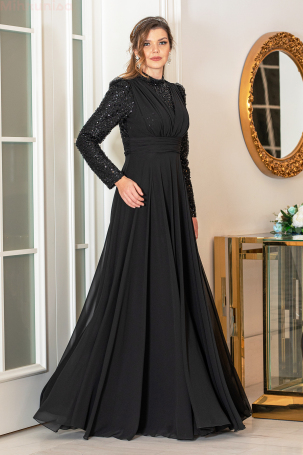 Robe de soirée grande taille Arya en chiffon avec des détails en sequins - Noir - 4