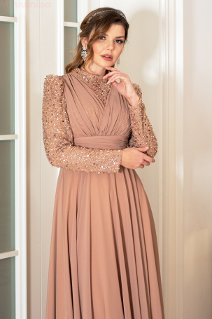 Robe de soirée grande taille Arya en mousseline avec détails en paillettes - Saumon - 3