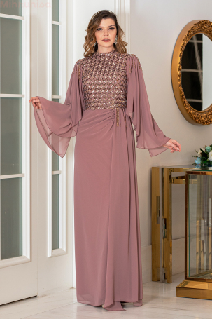 Robe de Soirée Grande Taille en Chiffon avec Détails de Perles - Rose Poudré 