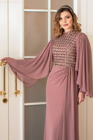 Robe de Soirée Grande Taille en Chiffon avec Détails de Perles - Rose Poudré - 3