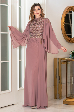 Robe de Soirée Grande Taille en Chiffon avec Détails de Perles - Rose Poudré - 4