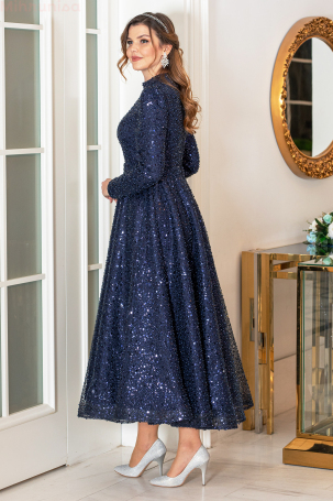 Robe de soirée grande taille en tissu pailleté mi-longue - Bleu marine - 2