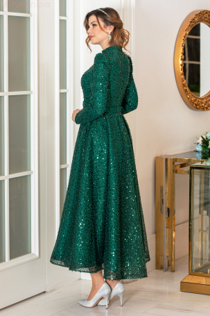 Robe de soirée grande taille en tissu à paillettes longueur midi - Émeraude - 2