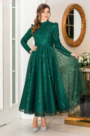 Robe de soirée grande taille en tissu à paillettes longueur midi - Émeraude - 4