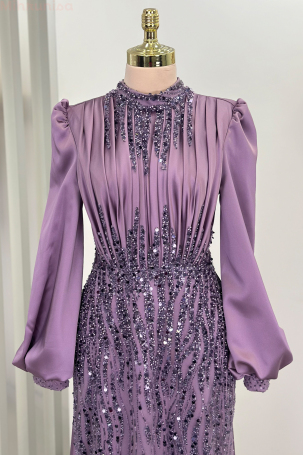 Robe de soirée İncilay avec cape et détails drapés en pierre - Lilas - 3