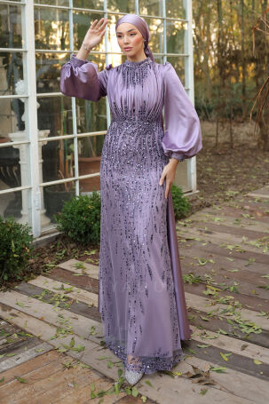 Robe de soirée İncilay avec cape et détails drapés en pierre - Lilas - 4