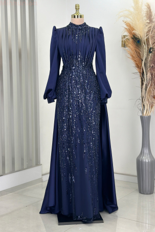 Robe de soirée İncilay avec cape à queue, détails en pierre et drapé - Bleu marine - Rana Zenn