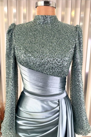 Robe de soirée Lavin en satin avec perles et broderies de sequins avec traîne - Menthe - 3