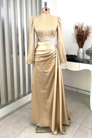 Robe de soirée Lavin en satin avec perles et paillettes brodées - Or - Rana Zenn