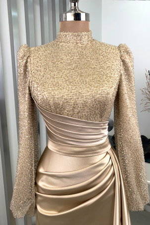 Robe de soirée Lavin en satin avec perles et paillettes brodées - Or - 3