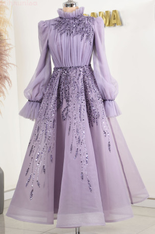 Robe de soirée mi-longue en tulle Patrice à design spécial avec broderie appliquée - Lilas - 1