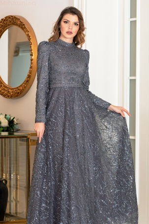 Robe de soirée Nilda avec paillettes et pierres - Gris - 4